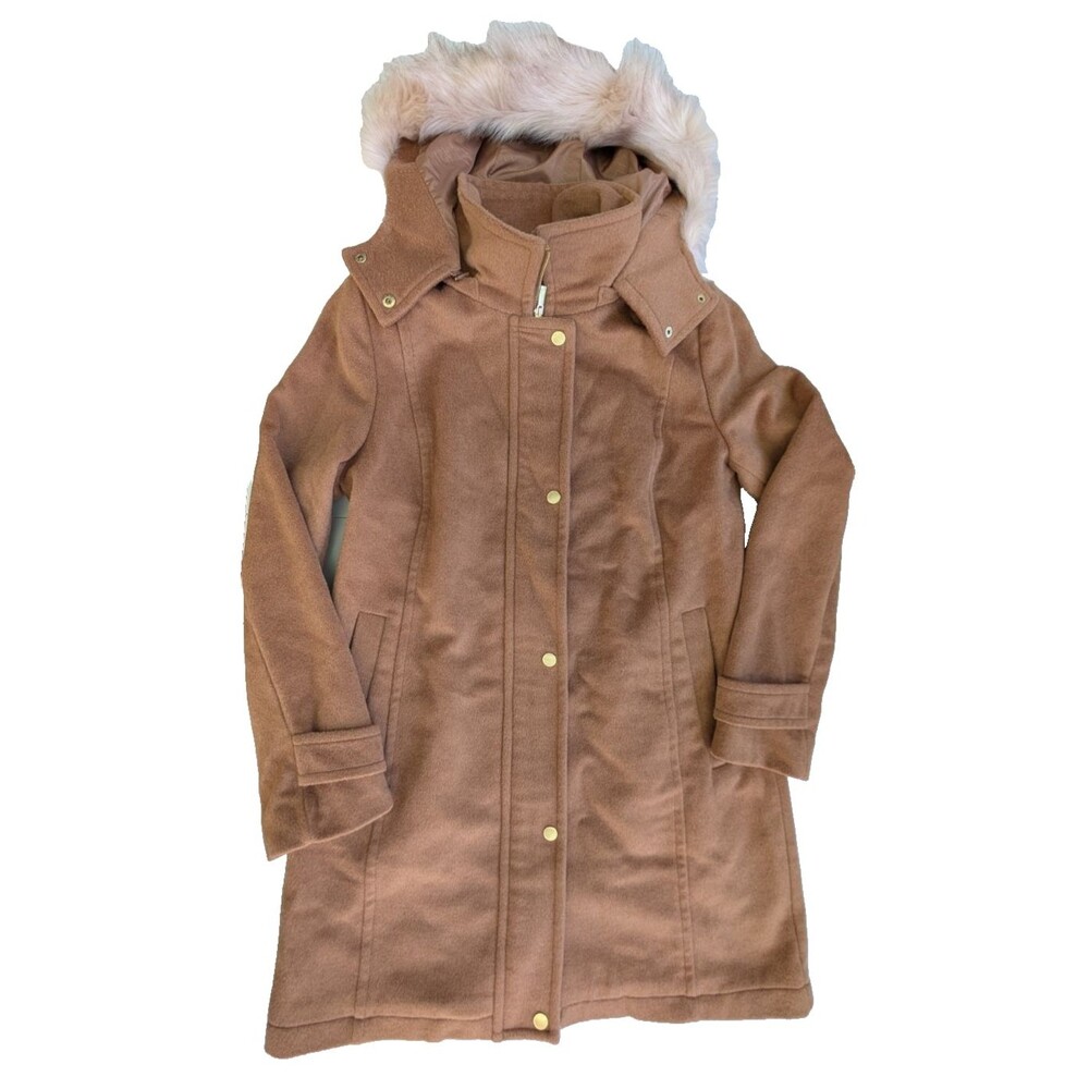 Cole Haan Wool Blend Hooded Walker Coat Full Zip with Removable Faux Fur Trim 12